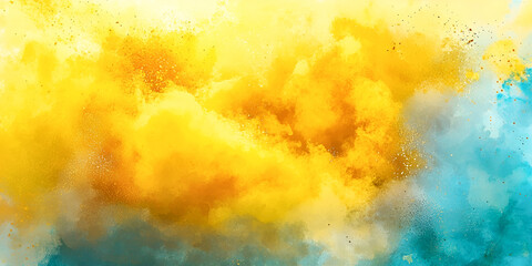 Abstract artwork of vibrant yellow and teal colored paint creating a beautiful cloud like texture suitable for various creative designs.