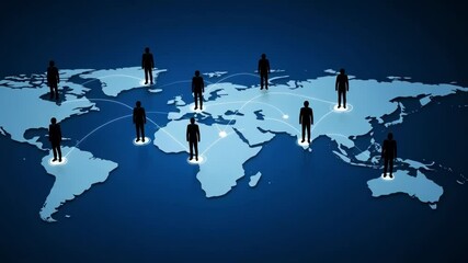 People silhouettes standing on a world map connected by glowing lines representing a global network - Powered by Adobe