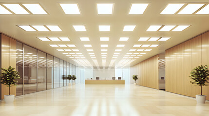 Illuminated patterns modern office interior design clean surfaces wide angle ceiling lights casting shadows
