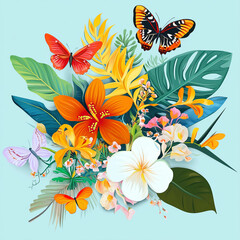 A vibrant bloom of tropical flowers in full summer color, with butterflies fluttering
