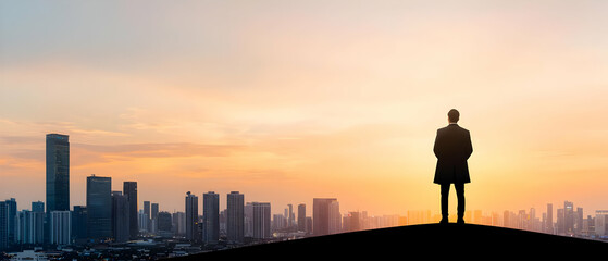 Fototapeta premium Silhouette Of Businessman At Sunset City Skyline