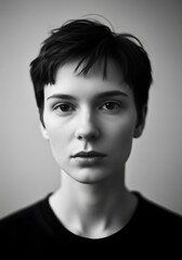 Black and White Portrait Young Woman with Short Hair, Serene Expression, Minimalist Portrait, Studio Shot.