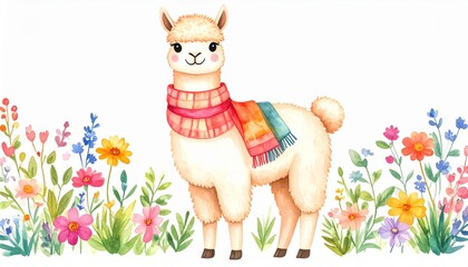 Obraz premium Adorable Alpaca in a Flower Garden - A cute cartoon alpaca wearing a colorful scarf stands in a field of vibrant flowers. Perfect for children's products, greeting cards