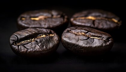 Close-up view of roasted coffee beans against dark backdrop.