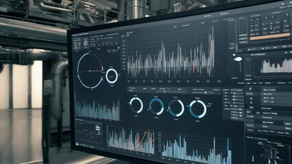 A monitor displays industrial data surrounded by complex pipeline system in a factory - Powered by Adobe