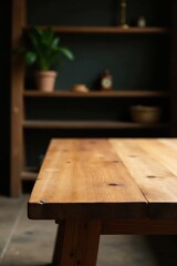 Rustic wooden table surface with blurred background showing shelves filled with home decor items