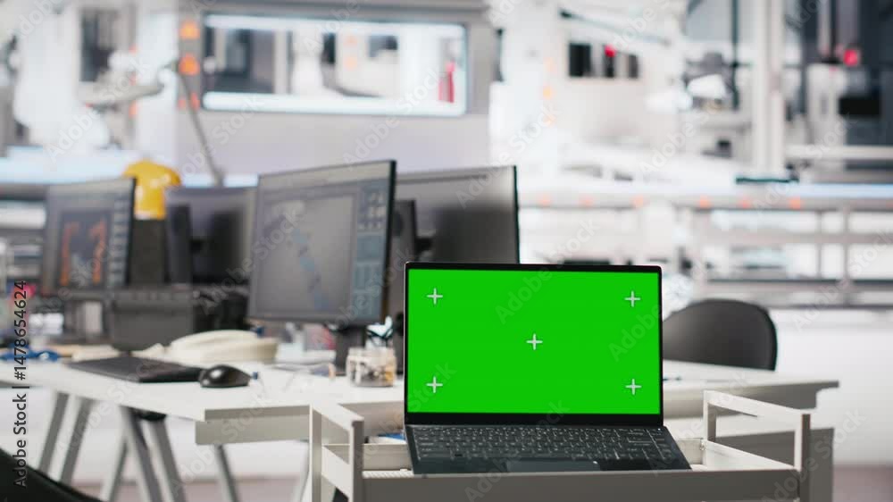Poster copy space screen pc in photovoltaics factory used to manage system performance. chroma key on compu