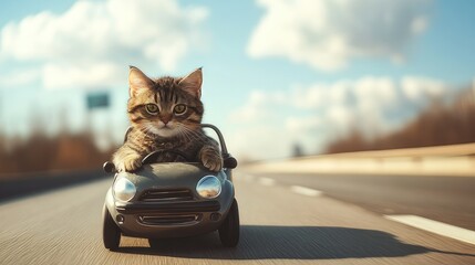 A cute black feline pet with striking blue eyes sits on the grey road
