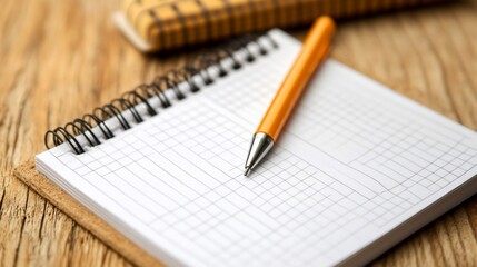 Close-up of a notebook with grid paper and a pen on a wooden table