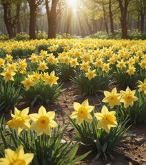 Obraz premium Abundant daffodils bathed in sunlight, cheerful springtime scene, background, botany