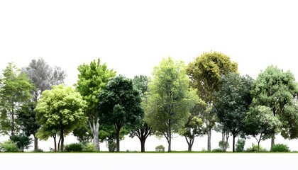 Row of various trees against a white background.