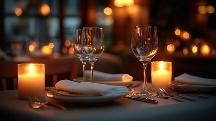 Romantic dinner setting, candlelit ambiance