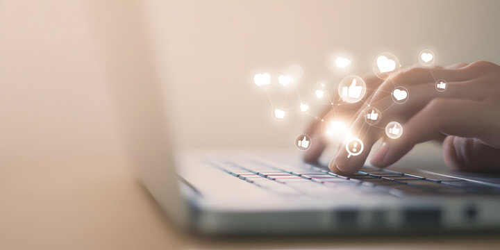 Person using a laptop with social media icons, symbolizing online interaction and digital connectivity - Powered by Adobe