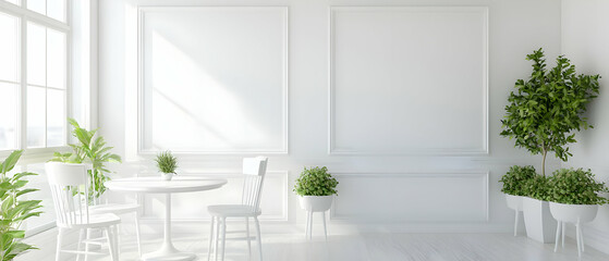 Empty White Dining Room With Plants And Sunlight