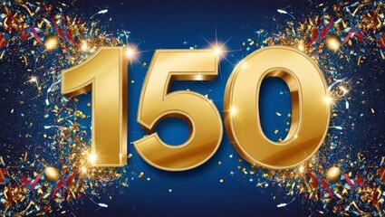 One Hundred and Fifty Years Anniversary Celebration - Golden 150 number with confetti explosion on dark blue background. Perfect for anniversary, milestone, or celebration