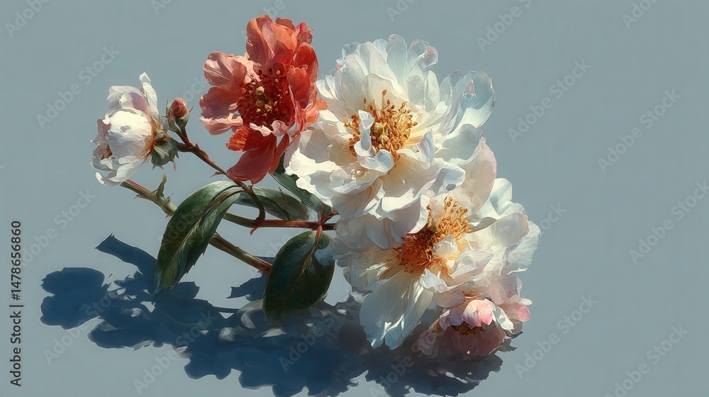 Aufkleber A single flower floating gracefully in a clear vase with a shadow cast on a soft white surface creating serenity