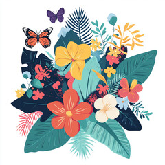 A vibrant bloom of tropical flowers in full summer color, with butterflies fluttering