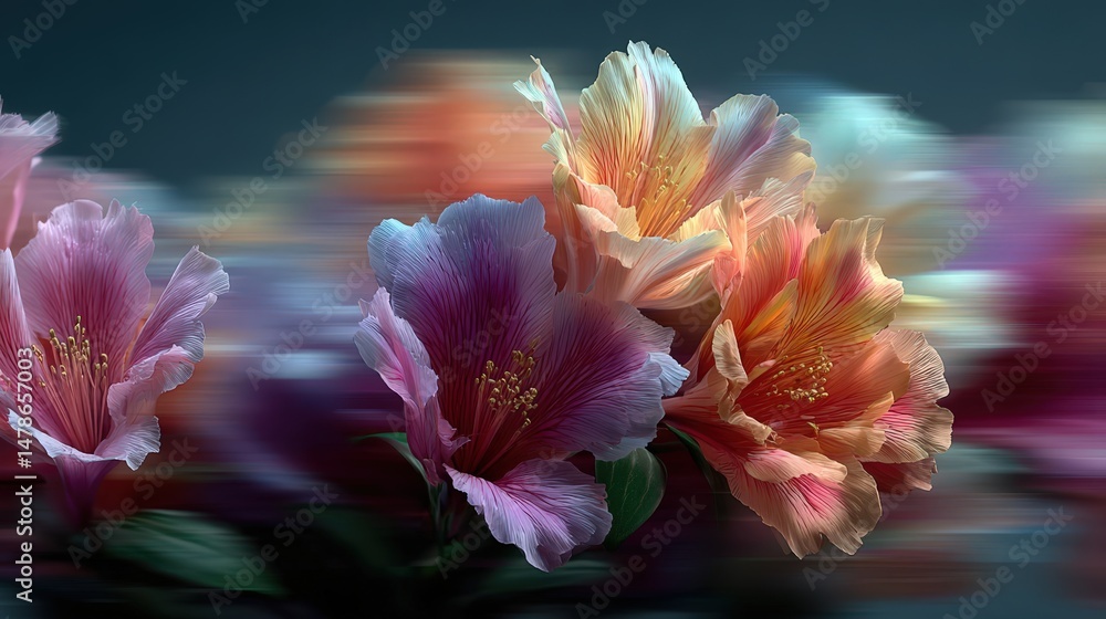 Poster Blurred motion effect of a colorful bouquet of flowers captured artistically in a vase with right-aligned text overlay