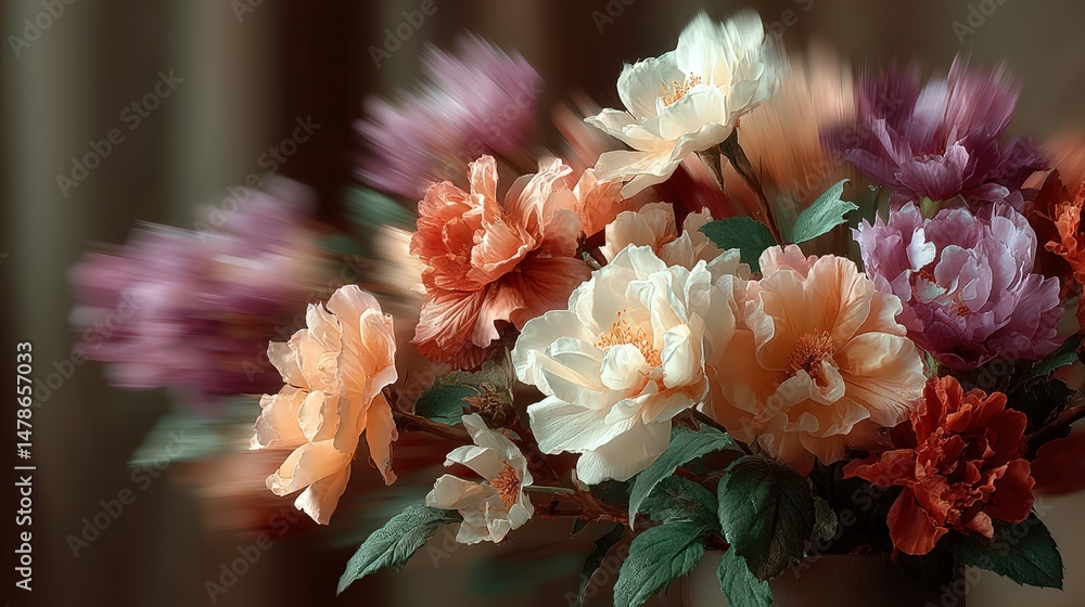 Poster blurred motion effect of a beautiful bouquet of flowers in a decorative vase with right-aligned text