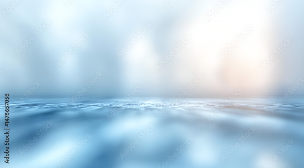 Poster abstract tranquil water surface in light blue with blurry reflections creating a serene and calming 