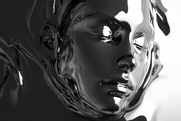 A surreal and metallic artistic representation of a human face melting in abstract form