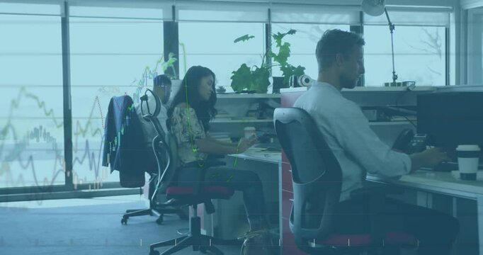 Woman holding coffee cup while sitting sideways in office workspace, with floating financial charts