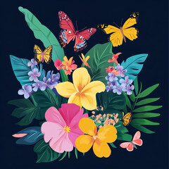A vibrant bloom of tropical flowers in full summer color, with butterflies fluttering