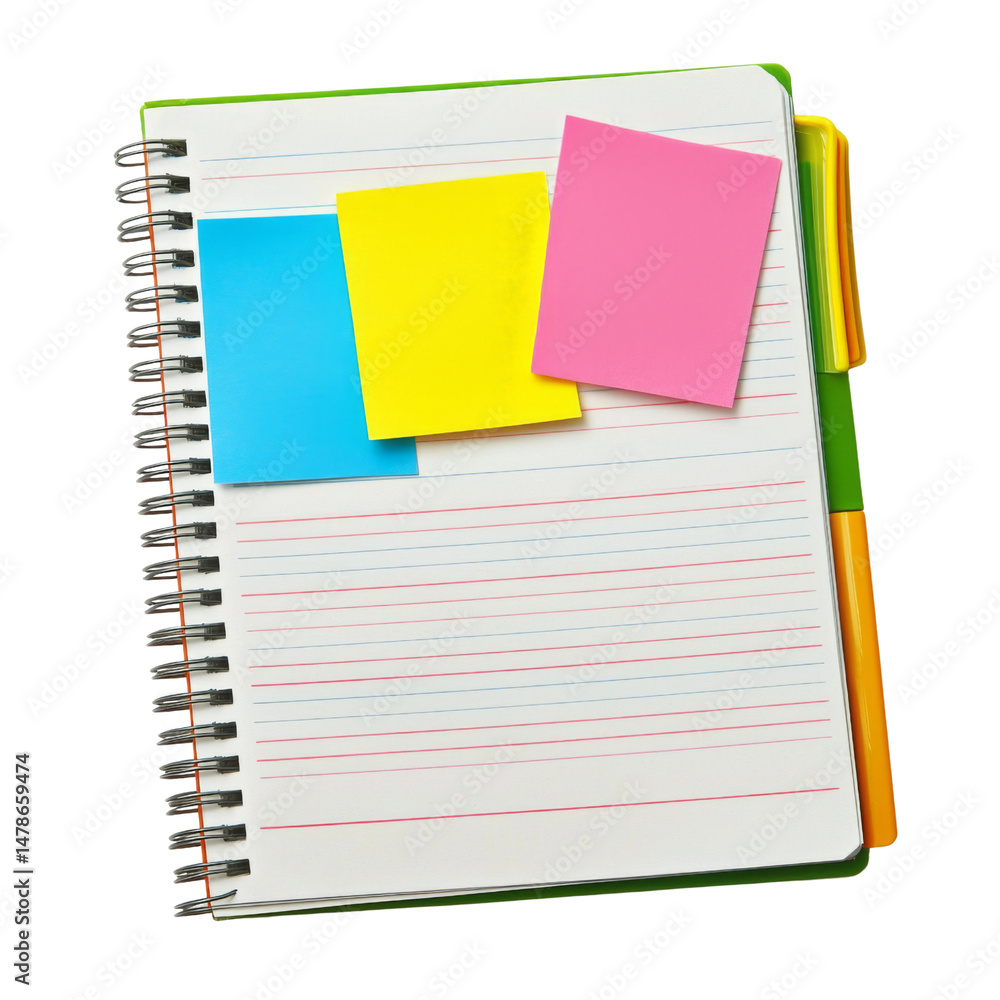 Poster blank notebook with colorful sticky notes and pen, perfect for organizing thoughts and ideas. vibran