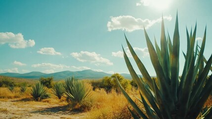 Front view of green agave leaves with thorns growing in mexican field in sunny summer day