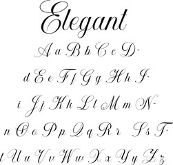 Elegant script lettering set with uppercase and lowercase alphabet and the word "Elegant" displayed in flowing calligraphic style for decorative use. © Pictures