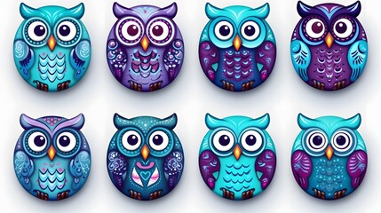 Collection of Nine Adorable Oval Owls in Dark Turquoise Blue | Wildlife Graphics