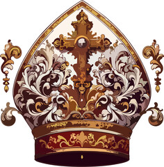 Baroque Ornate Papal Mitre Vector with Gold Embellished Cross and Filigree Design – Luxurious Catholic Bishop Hat Illustration