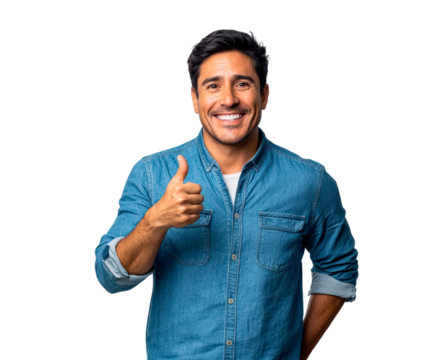 A man in a blue shirt is smiling and giving a thumbs-up gesture isolated on transparent background
