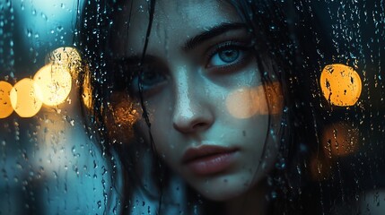 Melancholic Serenity: A Portrait Through Rain-Streaked Glass, Enigmatic Beauty