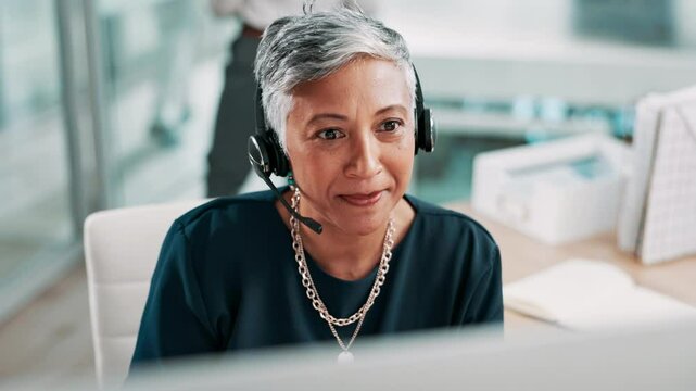 Call center, headset and mature woman on computer for debt collection, loan inquiry and follow up question. Happy consultant, communication or talk to contact for finance, banking or payment reminder