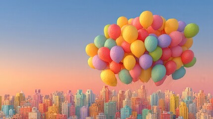 Stunning city skyline with colorful balloons floating in the air against a bright background during a festive celebration