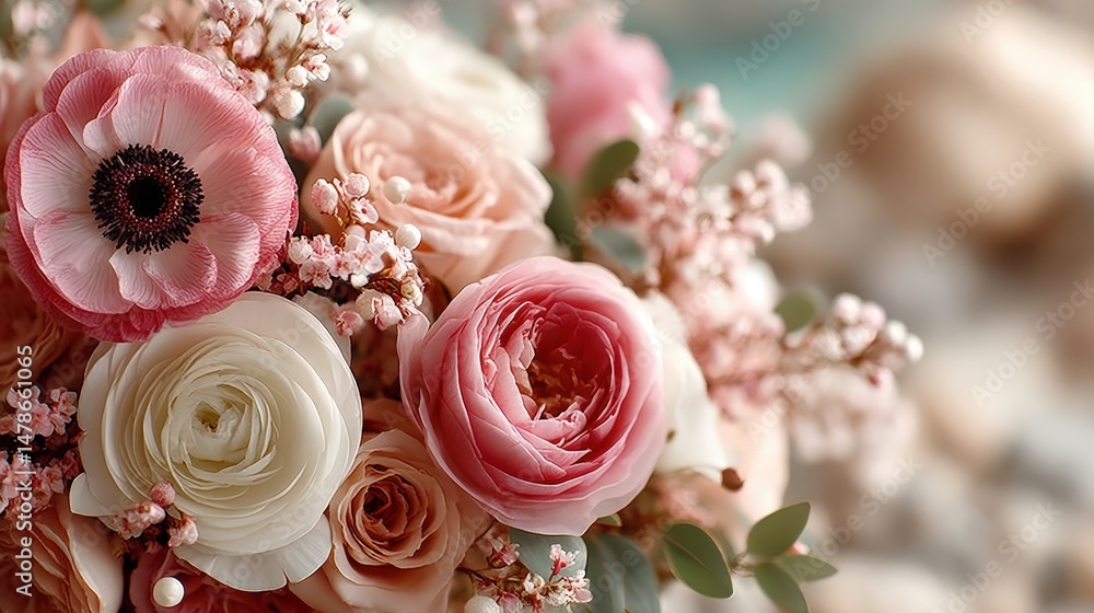 Aufkleber close-up of a beautiful bouquet of colorful flowers with softly blurred background creating a serene