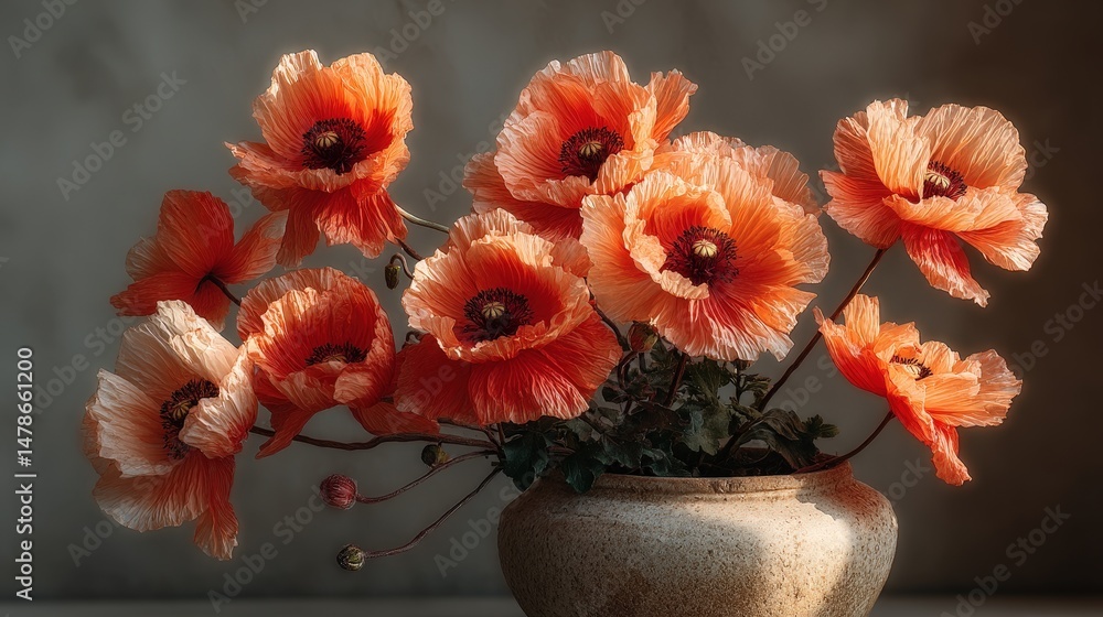 Poster Charming studio display of a vase containing beautiful flowers and a small flag adding a touch of color and life