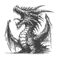 Obraz premium Hand-Drawn Dragon Breathing Fire Vector – Sketch Style Mythical Creature Illustration for T-Shirts, Stickers, and Posters.