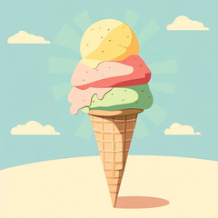A melting triple-scoop ice cream cone under the hot sun, with pastel backgrounds