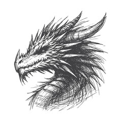 Obraz premium Hand-Drawn Dragon Head Side View Vector – Sketch Style Mythical Creature Illustration for T-Shirts, Stickers, and Posters.