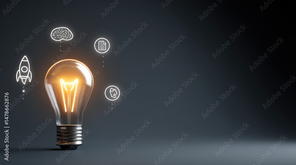 Poster a single illuminated light bulb representing the spark of innovation creativity and technological ad