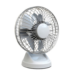 modern table fan with sleek design, featuring white base and metal grill, ideal for home or office use. It provides refreshing breeze and enhances comfort in any space