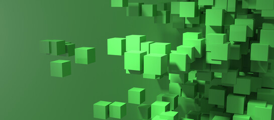 Abstract composition of numerous green cubes appearing to float and cluster against a muted green background, creating a sense of depth and movement