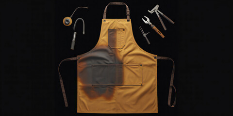 Burned Work Apron with Assorted Hand Tools on Black Background