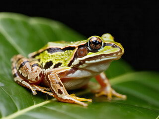 Fototapeta premium Vibrant Green and Brown Frog Perched on Lush Green Leaf Against Black Background