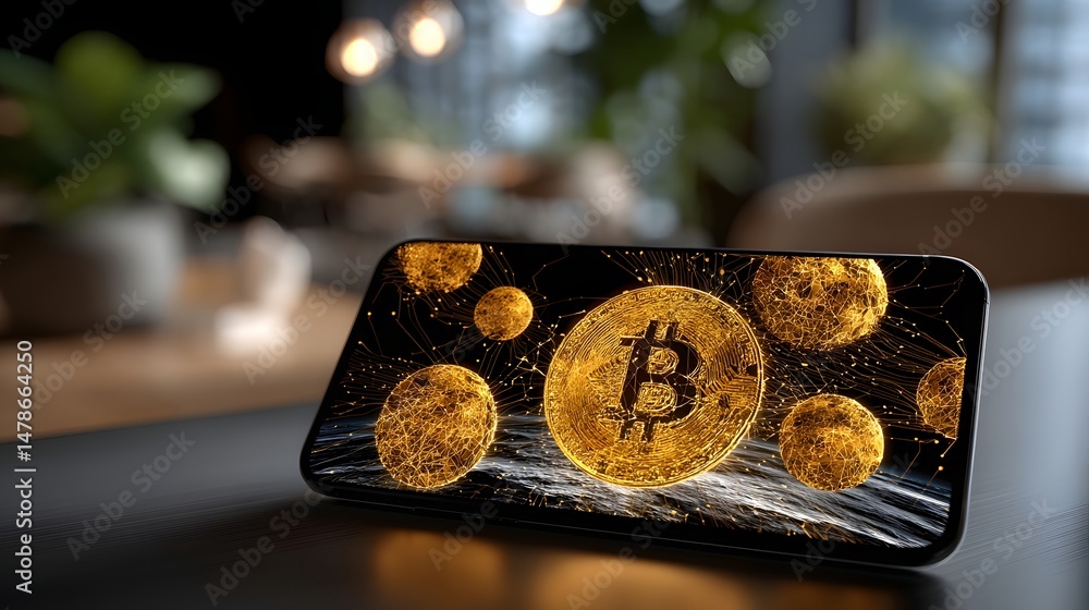 Poster close-up of a smartphone displaying bitcoin symbol representing cryptocurrency trading