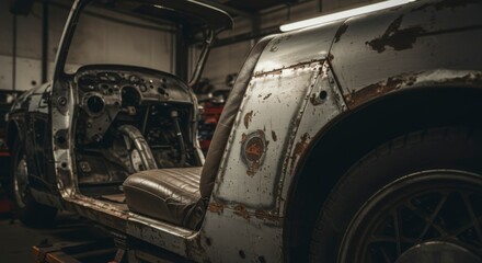 Rusty vintage car in repair shop