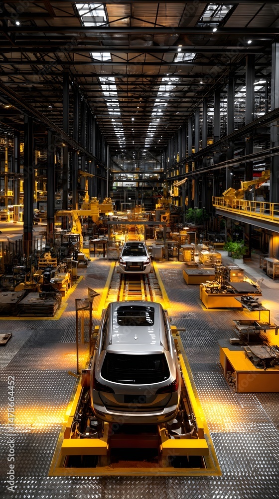 Poster car manufacturing process in factory assembly line with workers collaborating efficiently