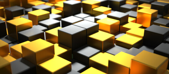 Close-up view of an abstract surface composed of gleaming gold and dark grey metallic cubes arranged at varying heights, creating a dynamic and textured background